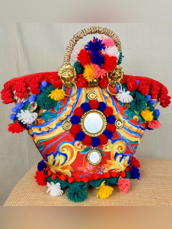 The Unbranded Brand Handbags - Italy Boho Pom-Pom Hand Made Straw Italian Designer Style Tote Bag Multicolor